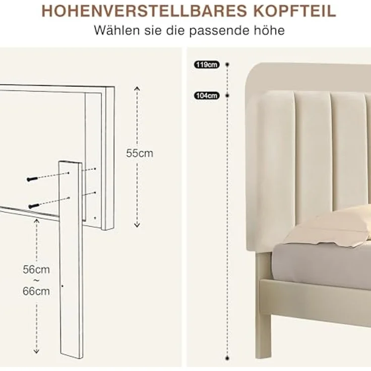 VECELO Polsterbett 140x200 cm, Doppelbett mit Höhenverstellbarem Kopfteil, Samtbezug und Stabiler Lattenrost, Geräuschfrei, Einfache Montage, für Schlafzimmer und Gästezimmer, Beige – Bild 5
