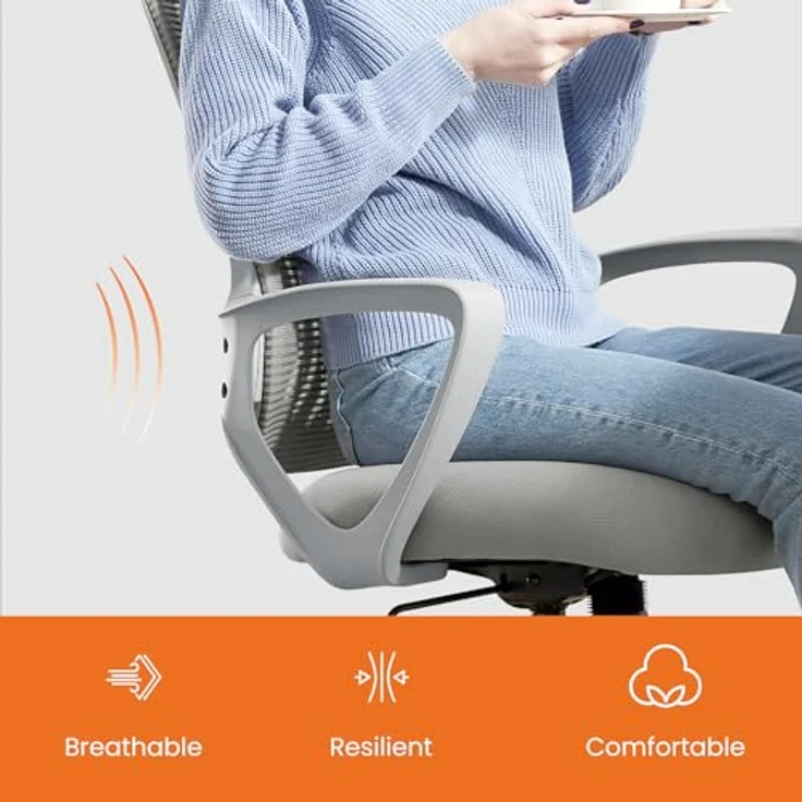 Sweetcrispy Bürostuhl Ergonomisch, Schreibtischstuhl mit Lendenwirbelstütze, Verstellbaren Armlehnen Drehstuhl, Höhenverstellbarer Office Chair, Bürostühle Geeignet für Büro und Schlafzimmer (Grau) – Bild 4