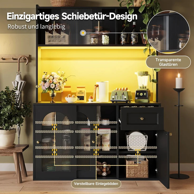 Merax Küchenschrank, Hochschrank, Vitrinenschrank, Buffetschrank mit Verstellbaren Ablagen, Esszimmerschrank, Sideboard mit LED-Beleuchtung, schwarz – Bild 5