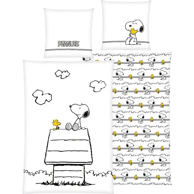 Peanuts Bettwäsche, Baumwolle schwarz/weiß, 135 x 200 cm, Renforcé mit Reißverschluss