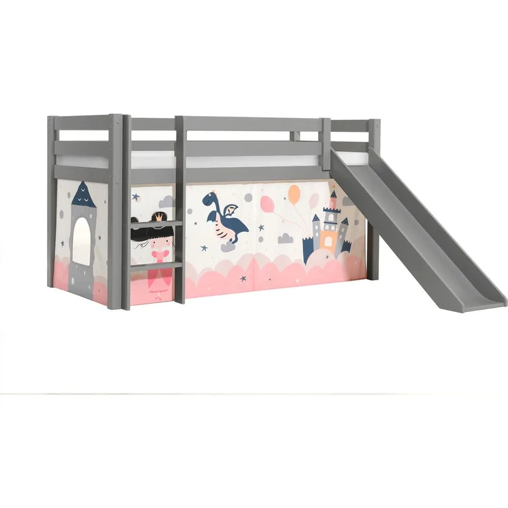 Vipack 'Pino' Halbhochbett 90x200 cm, grau, Kiefer massiv, mit Rutsche und Textilset 'Princess Sophie'