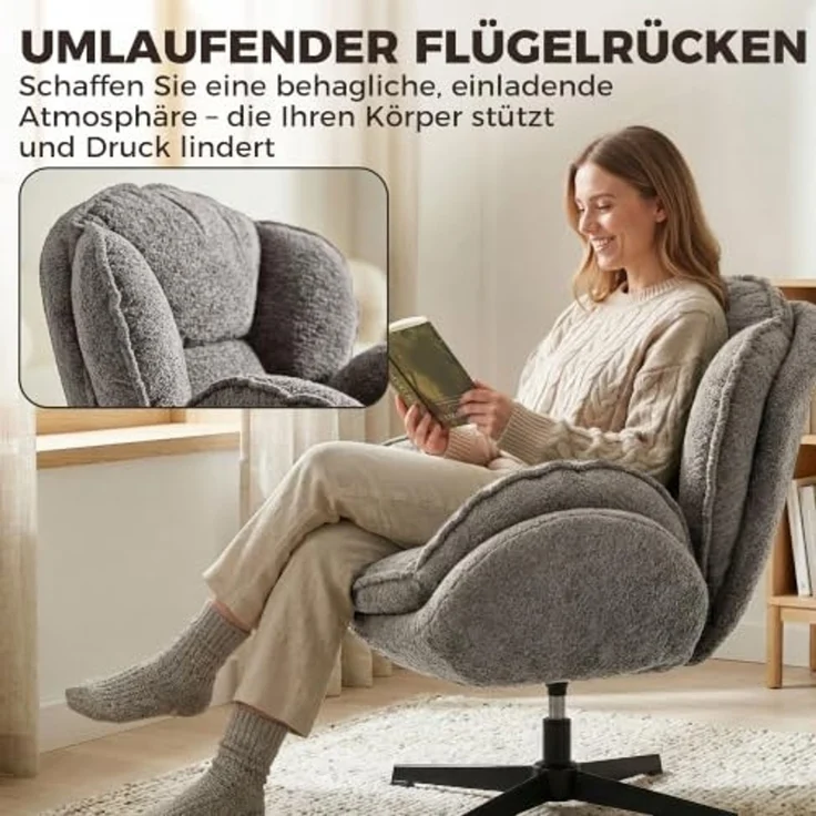 HOMCOM Relaxsessel Polstersessel bequem für Wohnzimmer, Schlafzimmer, Grau (Sessel, 1-St, Loungesessel), Wingback, 360° Drehung, Samt – Bild 4