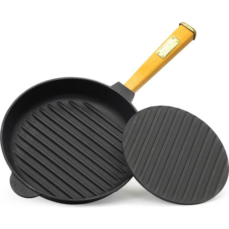 Ø28cm Grillpfanne Gusseisen mit Pressdeckel Induktion Holzgriff Bratpfanne Pfanne Feuerpfanne