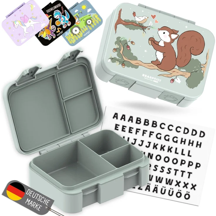 BEARFOOT Bento Box COMPACT Kinder Brotdose (Eichhörnchen-grün, 650 ml) | BPA-frei, auslaufsichere Lunchbox mit Fächern, für Schule & Kindergarten, für Mädchen & Jungen, leicht & kompakt