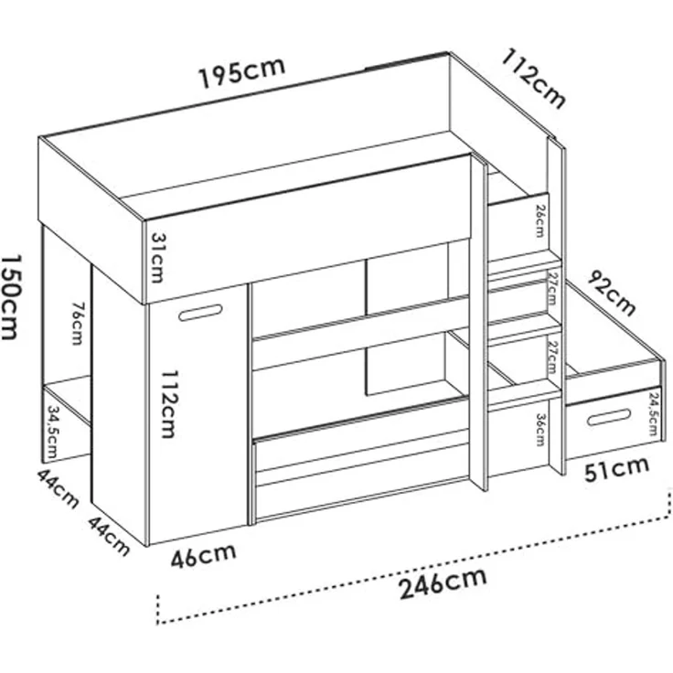 Dmora - Schlafzimmer Focalone, Komplettes Schlafzimmer, Kinderzimmer, Loft-Bett Kit, 246x112 h150 cm, Weiß und Eiche – Bild 3