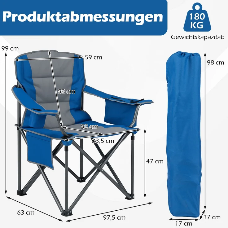 Übergroßer Campingstuhl Tragbarer Klappstuhl mit Reißverschluss-Kühltasche & Getränkehalter Marineblau SH1367 – Bild 2