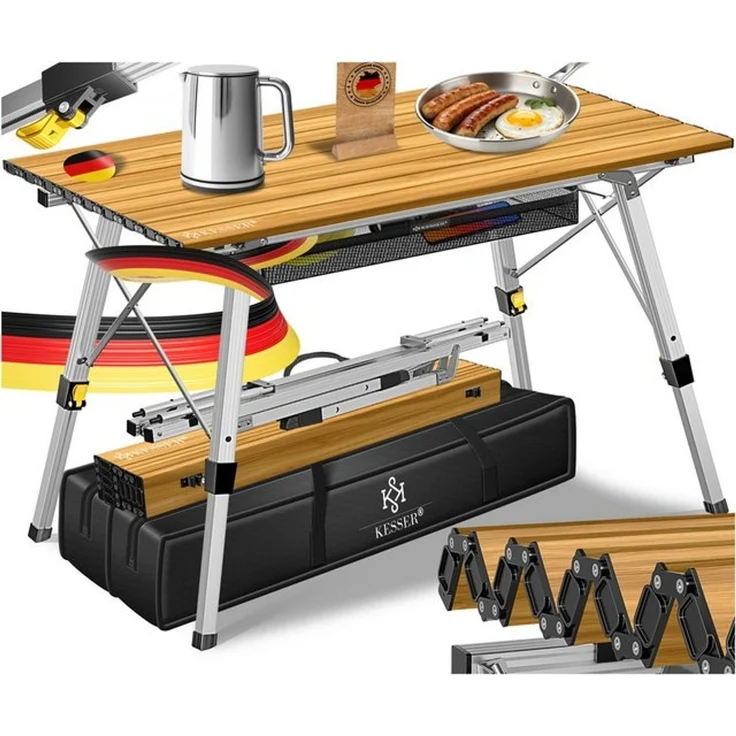 KESSER® Campingtisch faltbar Klapptisch mit Aluminiumrahmen Aufrollbare Tischplatte Falttisch klappbar inkl. Tragetasche mit Trageband & Netztasche, Holz-Optik Braun / Silber, 90 cm – Bild 4