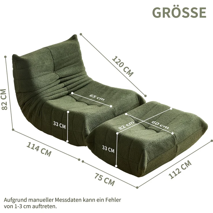 2-teiliges Loungesofa-Set aus Teddy-Vlies, ergonomisch, leicht, 112x189x82 cm, Grün, 110 kg Belastbarkeit – Bild 10