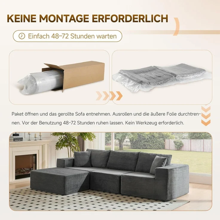 Ecksofa 275cm Schlaffunktion Ottomane Cord 4 L-förmig Dunkelgrau – Bild 3