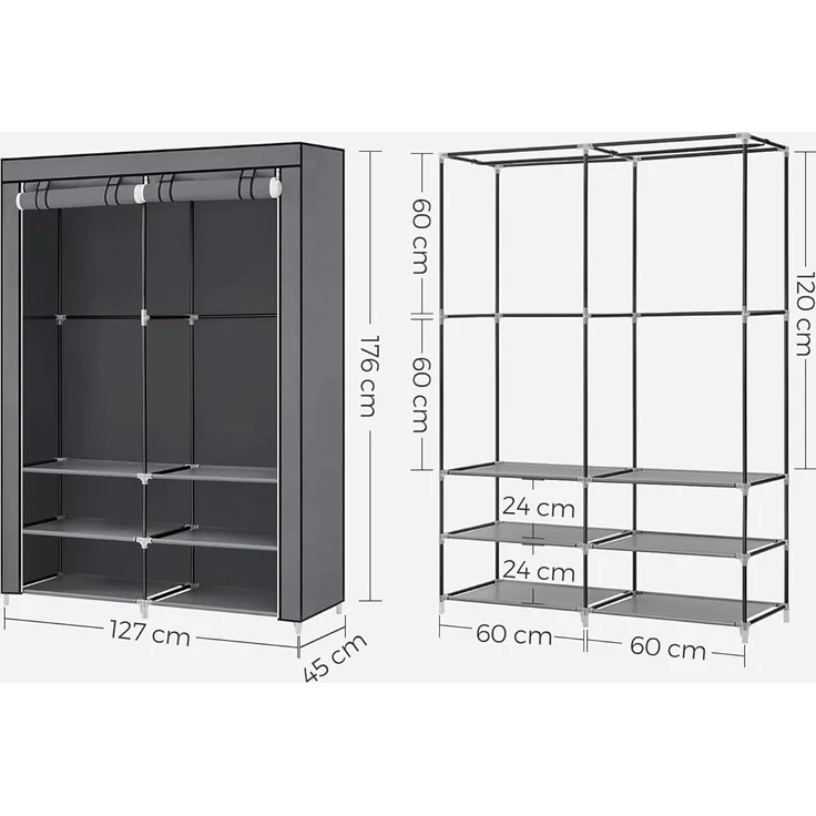 Songmics Stoffschrank, Kleiderschrank, 45 x 127 x 176 cm, 2 Hängefächer, mit Ablagen, 4 Seitentaschen, viel Platz, für Schlafzimmer, Wohnzimmer, grau RYG008G02 – Bild 6