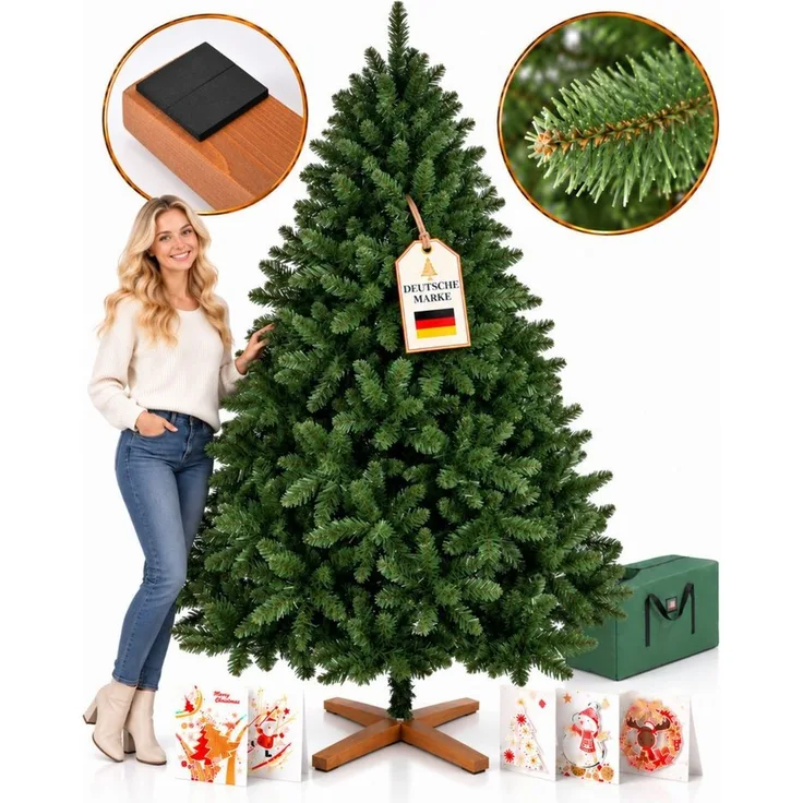 Onbest Künstlicher Weihnachtsbaum Künstlicher Weihnachtsbaum Nordmanntanne mit PVC-Nadeln, Holzständer, Nordmanntanne, mit 5 Weihnachtskarten, PVC-Nadeln, einfacher Aufbau, 7cm Nadelbreite