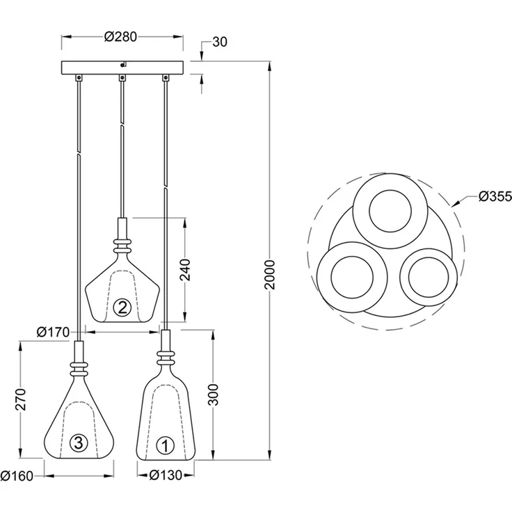 LED Cluster Pendelleuchte 3-flammig Glas Bernstein & Chrom verspiegelt, Ø 35cm – Bild 10