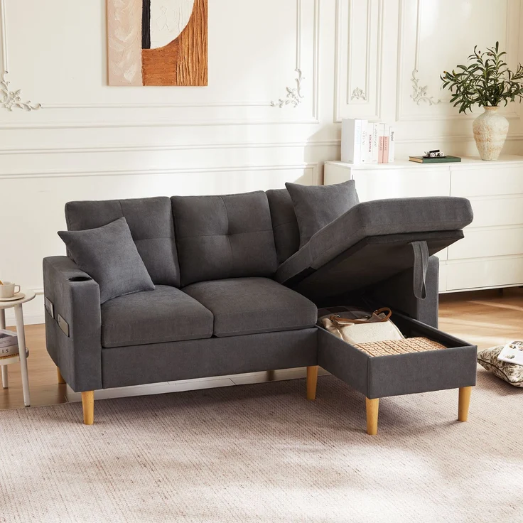 Merax L-förmiges modernes Sofa, 3-Sitzer-Sofa mit Chaiselongue, Stauraum, integriertem Getränkehalter, wird mit 2 Kissen geliefert, Dunkelgrau – Bild 1