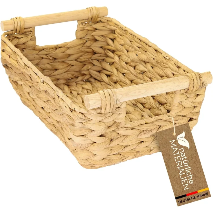 HMF Aufbewahrungskorb Aufbewahrungskorb mit Holzgriffen, Korb geflochten aus Wasserhyazinthe, Badezimmerkorb, lang und bauchig, 32 x 22 x 12 cm – Bild 1