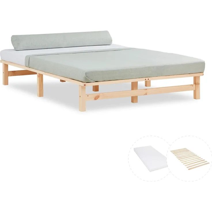 Holzbett 140x200 mit Matratze Holzbettrahmen Palettenbett Doppelbett Bett Massiv Holz Bettgestell