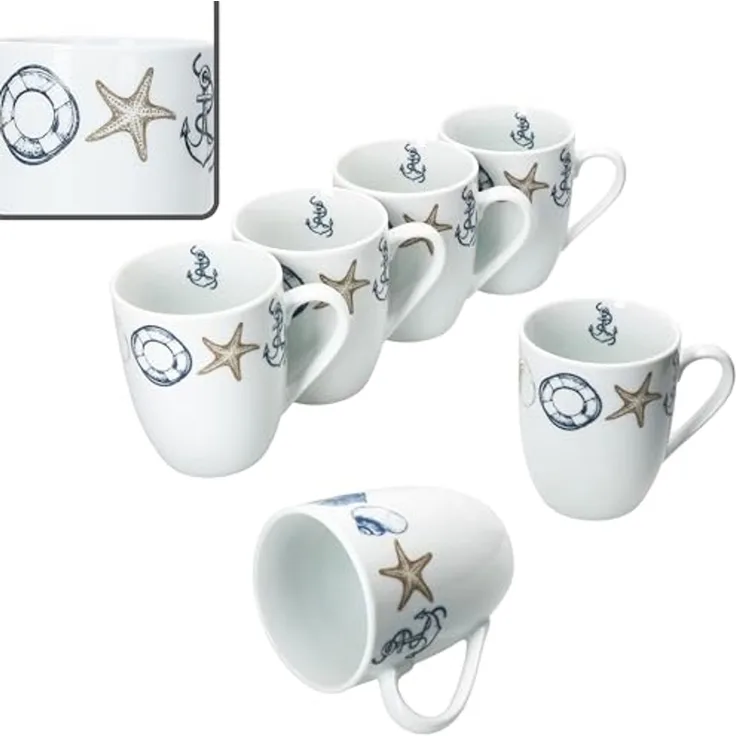 MamboCat Becher Neptun 6x Kaffeebecher 280ml Porzellan-Tassen Tee Kakao Anker maritim, Porzellan