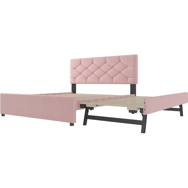 Polsterbett 140×200 cm aus Samt-Stoff mit Rollbett und Lattenrost, rosa – Bild 10