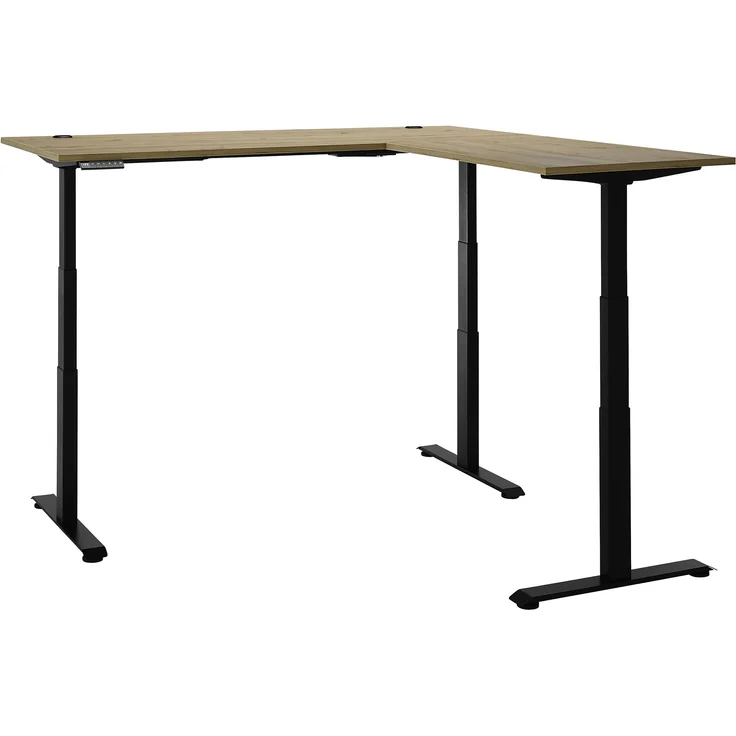 Eckschreibtisch >Ben< höhenverstellbar, Eiche Dekor / schwarz - 180x74/117x177cm (BxHxT) – Bild 2
