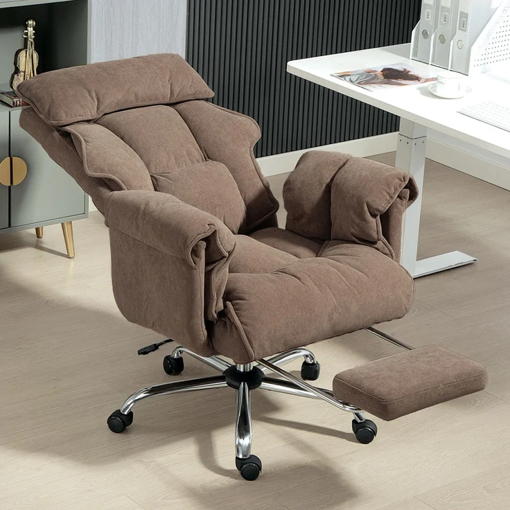 MELAYR, Ergonomischer Bürostuhl, neigbare Rückenlehne, Fußstütze, weicher Stoff, Hellbraun, 80 x 80 x 114 cm, Braun – Bild 4
