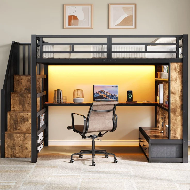 Hochbett mit RGB LED-Streifen, Schreibtisch, Regal, Lattenrost, Treppe und Schubladen, 140x200 cm, Kinderbett mit Rausfallschutz, Metallbett – Bild 2