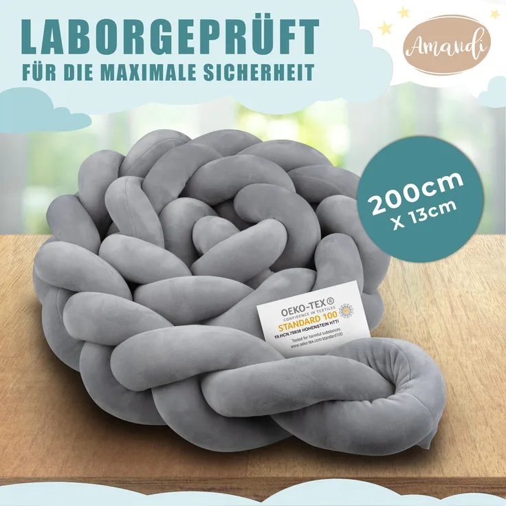 Amandi Bettnestchen - Bettschlange - 2m Bettumrandung fürs Babybett - laborgeprüft, - Babynest geflochten - Sichere Bettumrandung