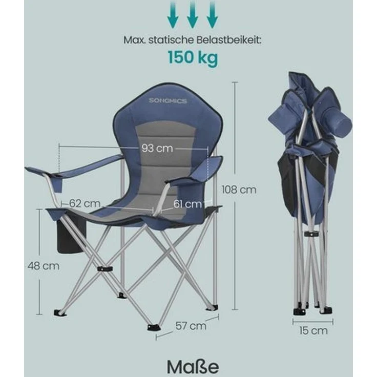 SONGMICS Campingstuhl 2er Set, klappbar, Klappstuhl, breiter Sitz, hohe Rückenlehne, Outdoor-Stuhl, tragbar, Outdoor-Stuhl, Getränkehalter, Handyhalter, Stoff-Organizer, blau-grau – Bild 5