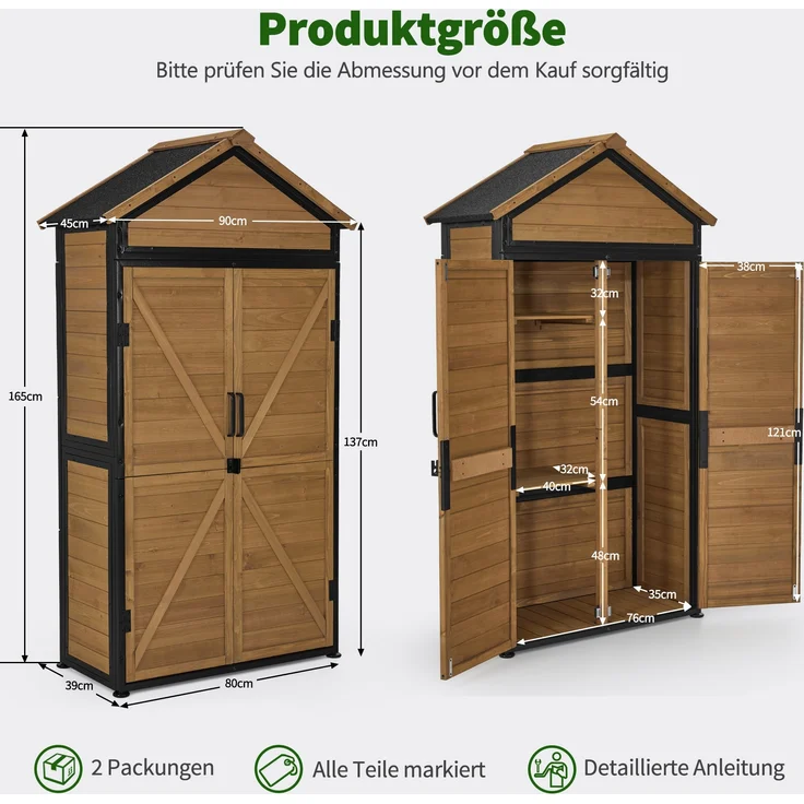M MCombo Gartenschrank Gartenhaus Holz Metgallgestell Wetterfest, Gerätehaus Outdoor, für Außenbereich Garten Terrasse, Geräteschuppen mit 2 Bewegliche Regale, 2736 (Natur) – Bild 2