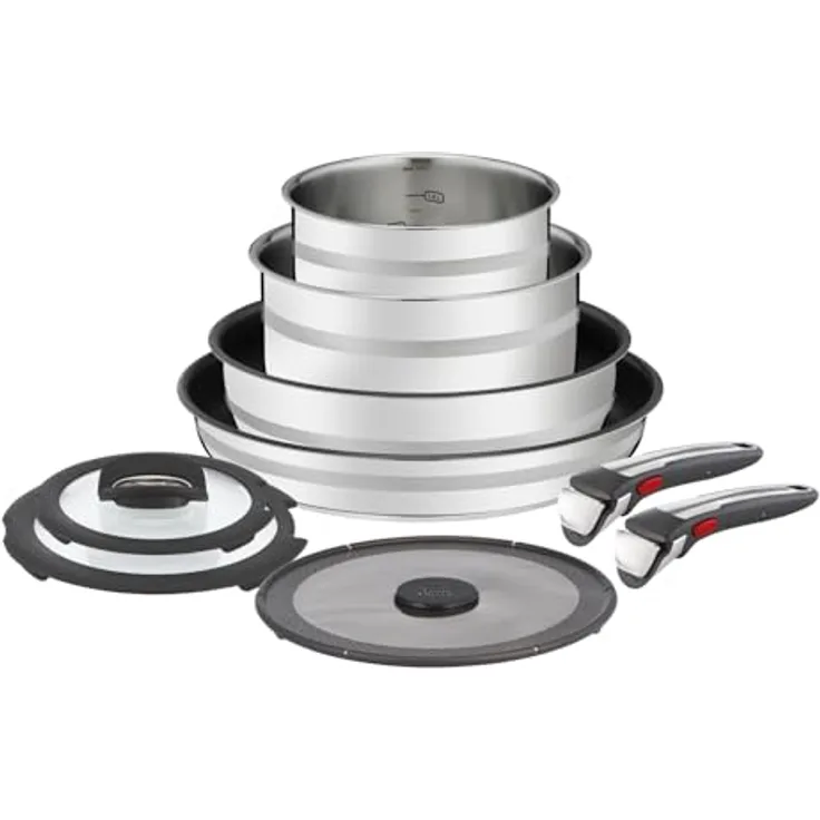 Tefal Jamie Oliver Ingenio 9-teiliges Topf- und Pfannenset, abnehmbarer Griff, stapelbar, Induktion, kratzfeste Titanium 6x Antihaftversiegelung, Hochglanzpolierter Edelstahl, L97699