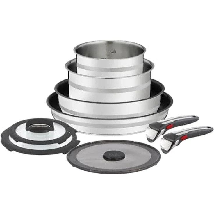 Tefal Jamie Oliver Ingenio 9-teiliges Topf- und Pfannenset, abnehmbarer Griff, stapelbar, Induktion, kratzfeste Titanium 6x Antihaftversiegelung, Hochglanzpolierter Edelstahl, L97699 – Bild 1