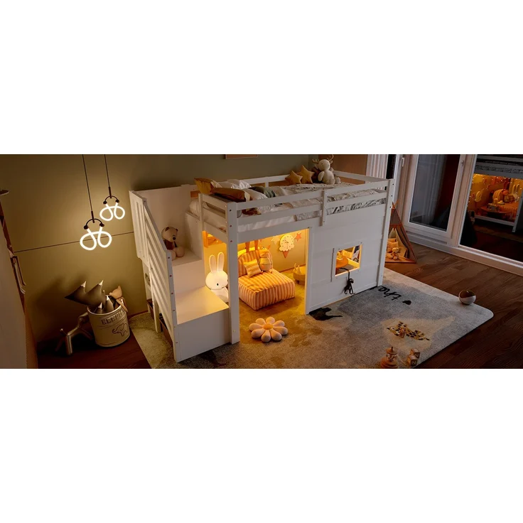 EINHOM 90 x 200 Cmhochbett mit Stauraumtreppe und Fenster, 90 x 200 cm, Weiß, (Ohne Matratze) – Bild 7