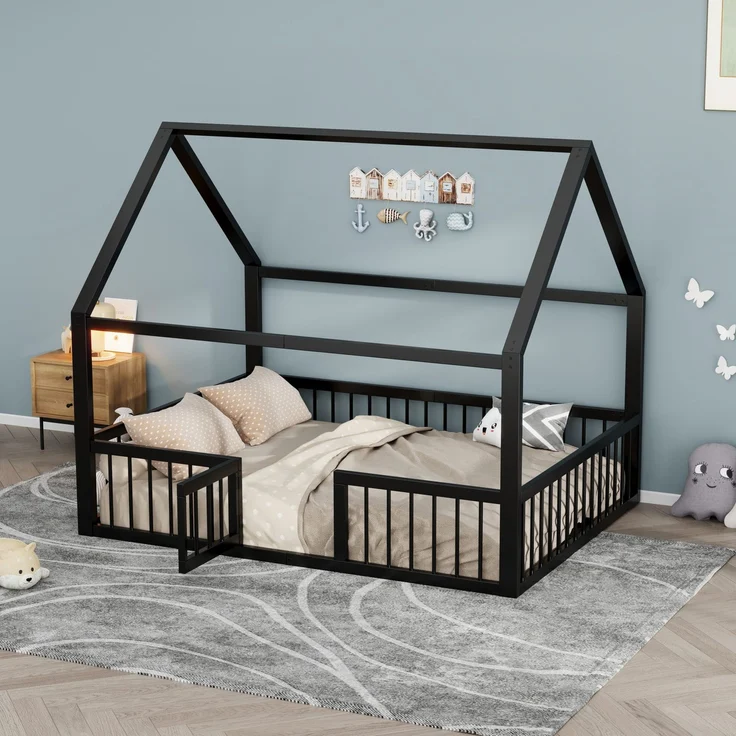 Hausbett mit Lattenrost, Zaun, Tür und Rausfallschutz, 140x200 cm, Metallbett, Kinderbett, Doppelbett, Jugendbett – Bild 5