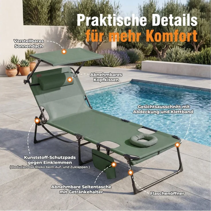 HOMECALL Gartenliege Sonnenliege mit Gesichtsöffnung und Sonnendach, klappbarer Liegestuhl, bis180 kg 200x70cm 4-Fach verstellbare Rückenlehne, 1 St, für Garten, Strand und Camping – Bild 4