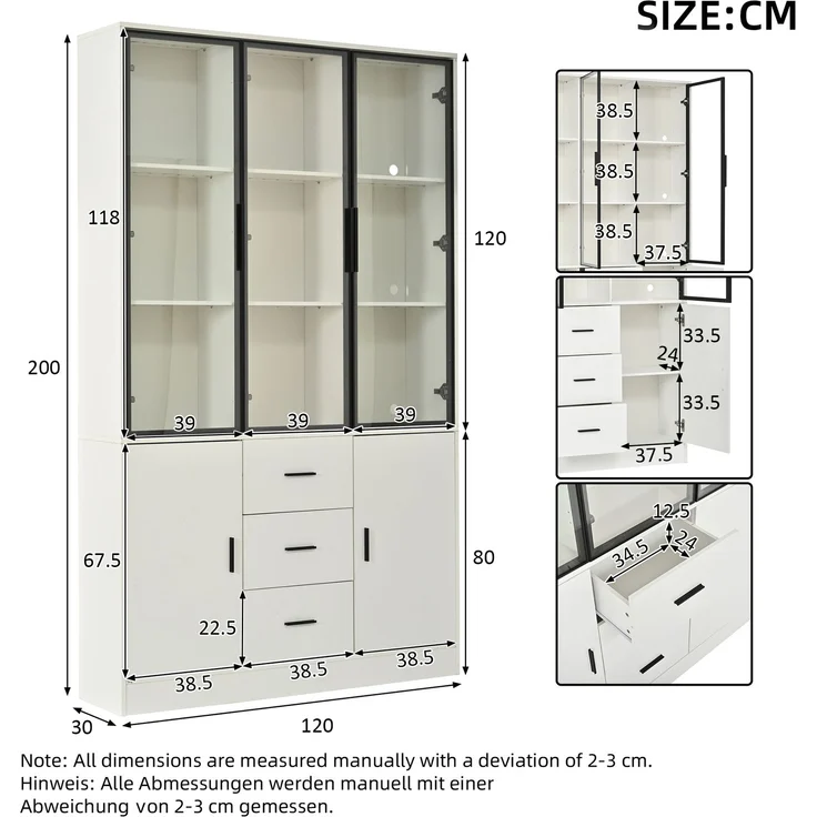 Vitrine mit Glasschrank Tür und LED-Licht, Vitrinenschrank Glasvitrine mit MultiStorage Bücherregal, Highboard Sammlervitrine mit Griff, 3 Schubladen & Türen ,Wohnzimmerschrank, Weiß, 120x30x200 cm--Weiß--120x30x200cm--YOUDENOVA – Bild 4
