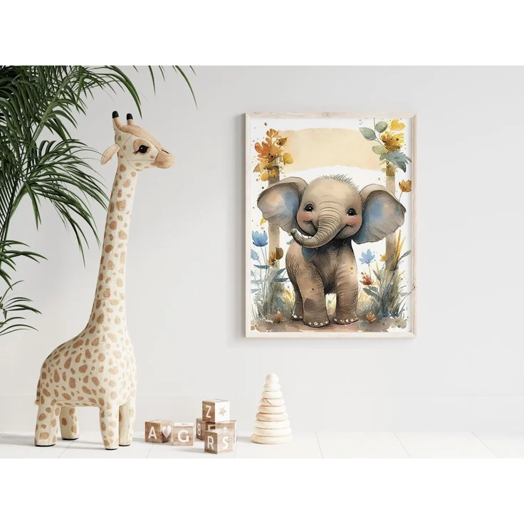 Poster Kinderzimmer Tiere Wald Dschungel Aquarell Löwe Elefant · Kinderzimmer Bilder · Wand Deko · Kunst Druck · Deko Print · ohne Rahmen - Elefant / 20x25 cm