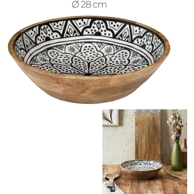 HOME DECO FACTORY, KA0568, Black Dune Mango Wood Salad Bowl, modern and elegant Design, ideal for Salads, Fruits and Decorations, Easy to Maintain, Diameter 28 cm, Brown, White, Black Color – Bild 4