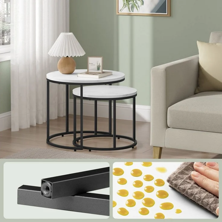 Home Collective Couchtisch 2er Set Beistelltisch Loft Design 2in1 Verschachtelung Wohnzimmer, kratzfeste Oberfläche 53cm und 43cm Marmor Optik mit schwarzen Beinen – Bild 3