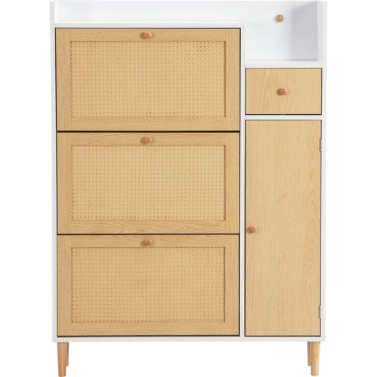 Merax Schmal Schuhschrank mit 3 Klappen, Rattan Schuhschrank Schuhkipper mit Schublade und Tür, Schuhkommode mit Verstellbarer Ablage, Weiß – Bild 9