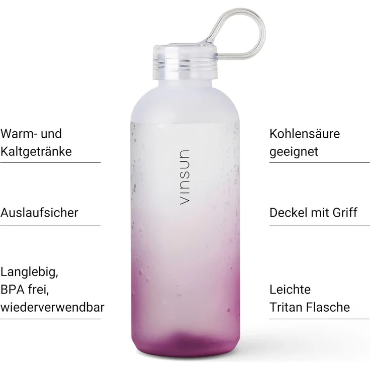Vinsun Trinkflasche Trinkflasche 650ml, Kohlensäure geeignet, auslaufsicher, Tritan, BPA frei, bruchsicher, geruchs- und geschmacksneutral, auslaufsicher – Bild 2