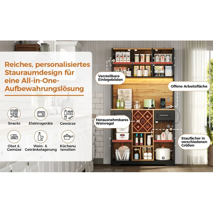 ZUBALIYA hoher Stauraumschrank mit LED-Beleuchtung / Vorratsschrank mit Weinregalen, mit weinschrank & Vitrinenschrank für Wohnzimmer und Esszimmer, 180 x 105 x 40 cm, fürs Wohnzimmer, mit Schubladen – Bild 13