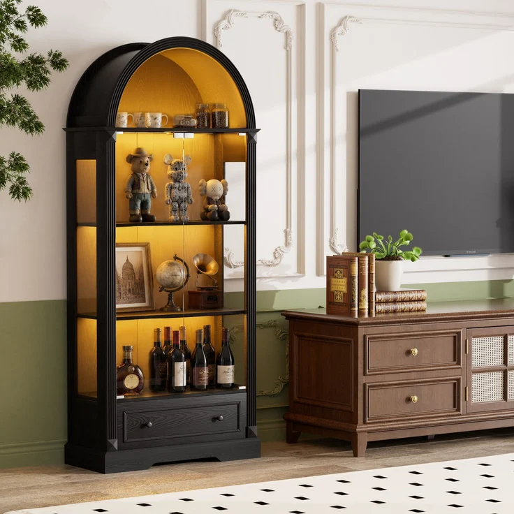 Vitrine Schwarz mit Glasfront, LED-Sensorlicht und offenen Bogenfächern,80x35x180 cm – Bild 2