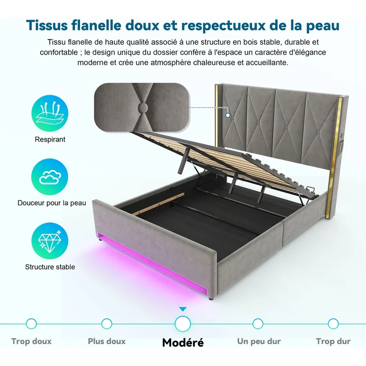 TavilaEcon Boxspringbett Veloursbett mit hohem Kopfteil, Seitentaschen & USB grau Liegefläche 160 × 200 cm – Bild 5