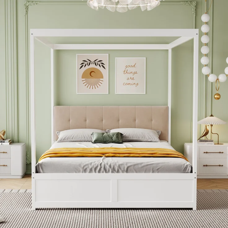 Zeltbett 140×200 cm mit gepolsterter Rückenlehne und 2 Schubladen –Weiß,Holz/Metall – Bild 3