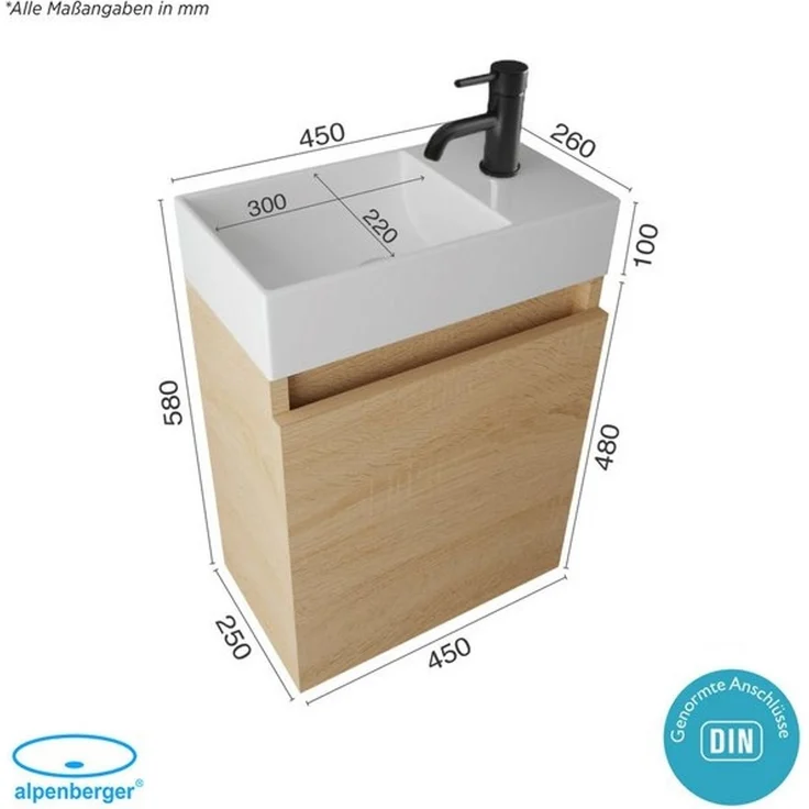 Alpenberger Badmöbel-Set Gäste WC Waschbecken mit Unterschrank - Badschrank Hängend, (2-tlg. Waschtisch Set Eiche Hell, Waschbeckenunterschrank mit Softclose), Waschplätze für Kleine Bäder - Badschrank Hängend und Vormontiert – Bild 4