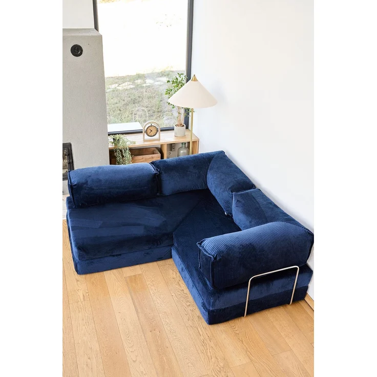 Ecksofa mit Schlaffunktion, Marineblau, 300 cm | Bezug aus 100% geripptem Plüsch, Abnehmbarer Bezug, 4 Kissen inklusive | Pfotenfreundlich & rutschfest – Bild 4
