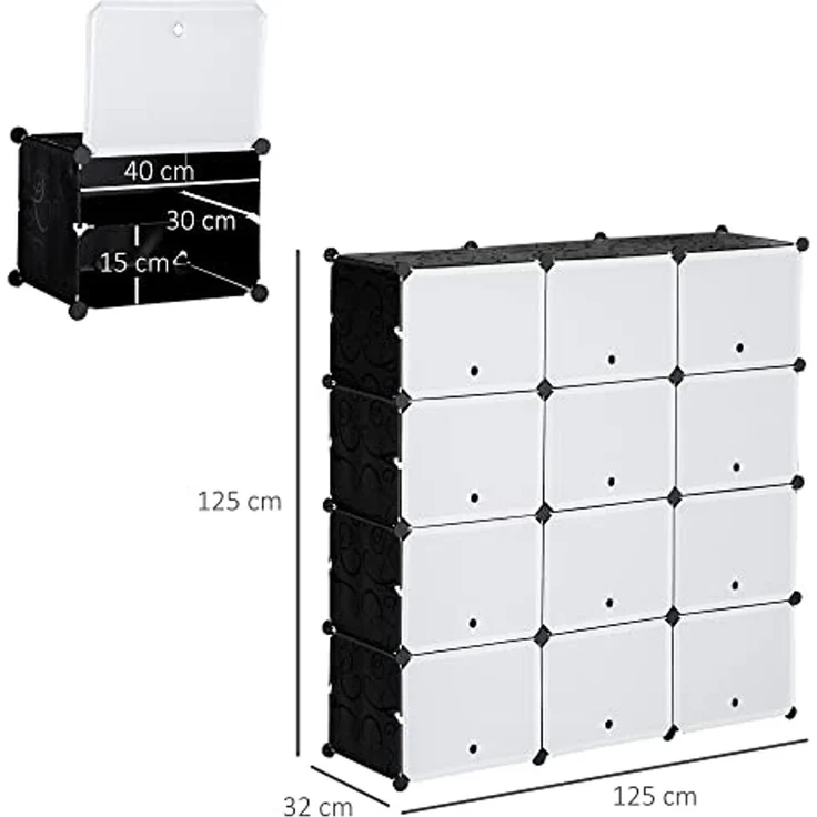 HOMCOM Kommode DIY Regalsystem mit 12 Würfeln (Aufbewahrungsregal, 148 St, DIY-Würfelregal), Kunststoff Stahl Schwarz+Weiß 125 x 32 x 125 cm – Bild 3