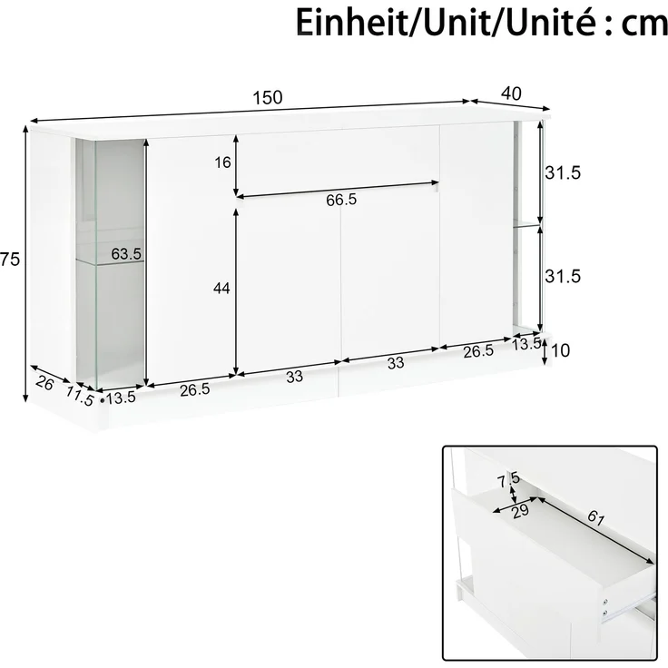 Sideboard 150 x 40 x 75 cm aus Spanplatte in Weiß Hochglanz mit Glasvitrinen und App-gesteuerter LED-Beleuchtung – Bild 5