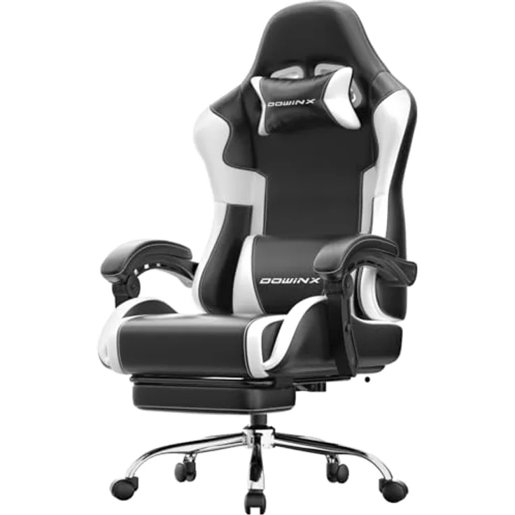 Dowinx Gaming Stuhl, Ergonomischer Gamer Stuhl für Büro und Home Office, Verstellbarer Bürostuhl mit Rückenlehne bis 150°, mit Fußstütze, Belastbar bis 180 kg, Weiß