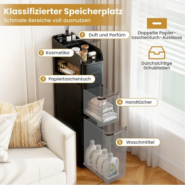 COSTWAY Badkommode, Nischenschrank schmal mit 2 Schubladen, Taschentuchbox, Rollen – Bild 3