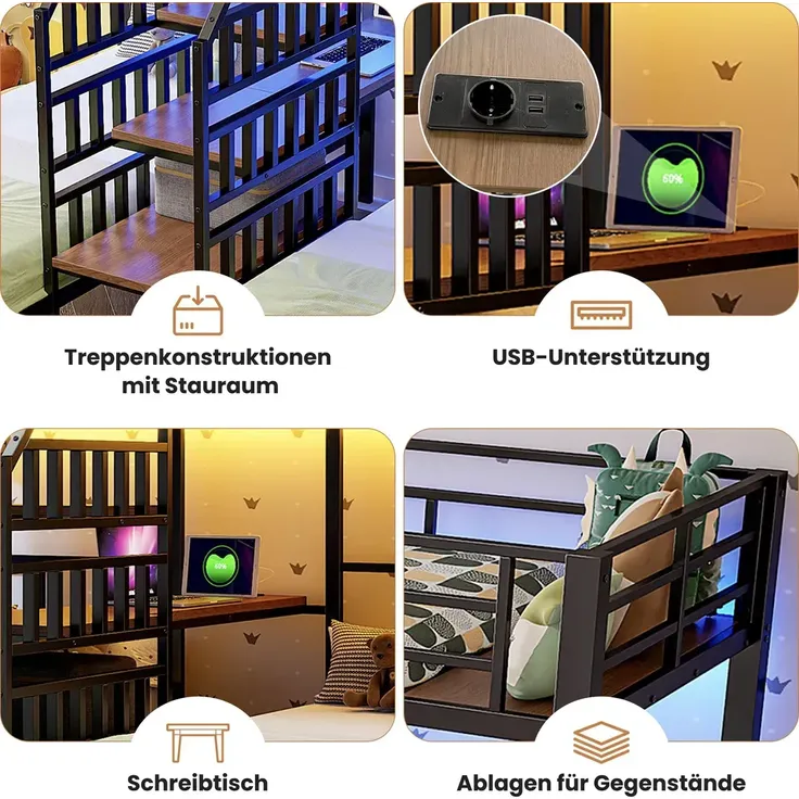 Etagenbett mit 3 Liegeflächen, Lattenrost, Rausfallschutz, Nachttisch, Treppe, Steckdose, USB, LED, 90x200cm, Kinderbett, Metallbett – Bild 5