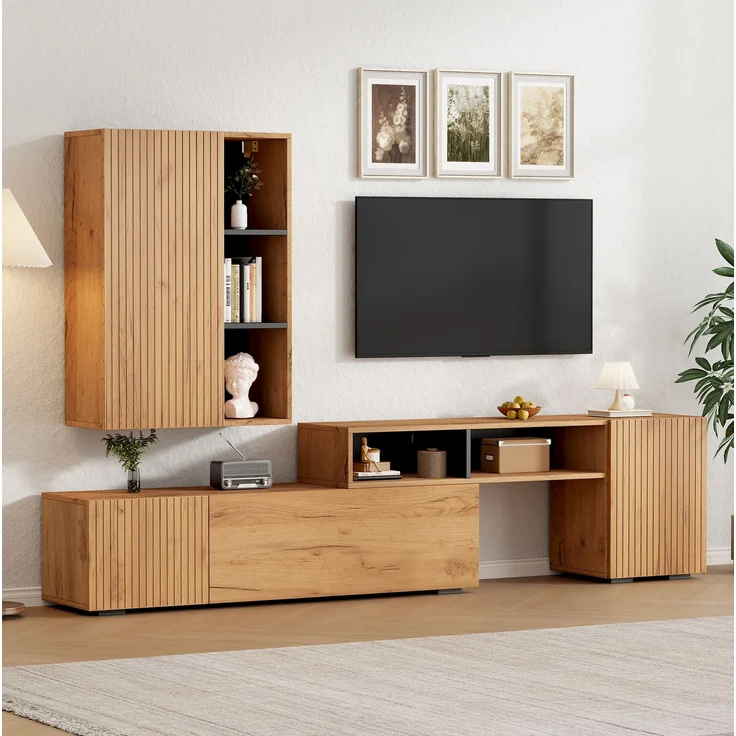 Wohnzimmer TV-Schrank-Set verstellbar & Wandschrank Holzfarbe & Schwarz, 3 Türen, 2 offene Schubladen, 1 halboffenes Regal – Bild 3
